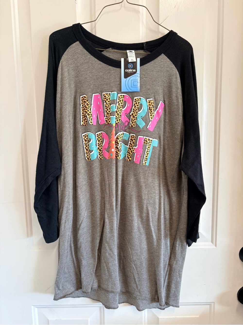 Merry & Bright Raglan baseball Top - Gray with Black Sleeves